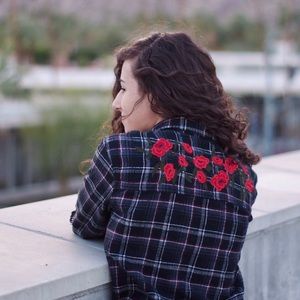 (SOLD) oversized distressed flannel with floral embroidery